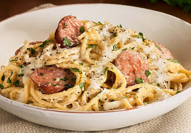 Creamette Spaghetti with Kielbasa and Creamy Horseradish Alfredo-1248x448